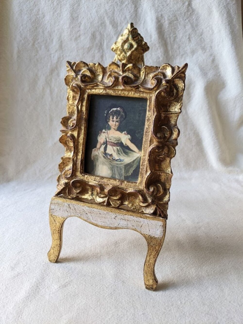 Vtg Italian Mini Hand Carved Giltwood Framed Girl's Print after Degas W/ Stand